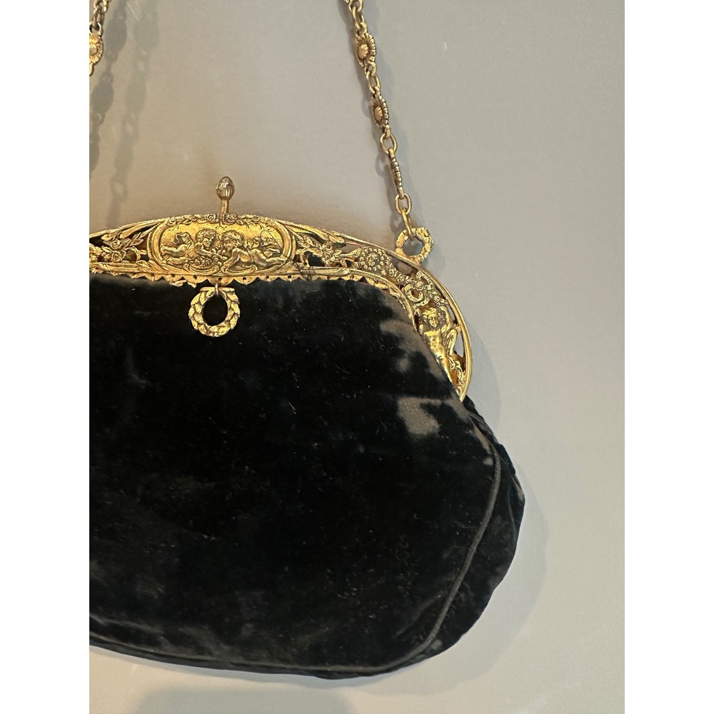 Antique Victorian 1890s Velvet Bag Vermeil Sterling Ornate Cherub Frame Purse - Picture 3 of 14